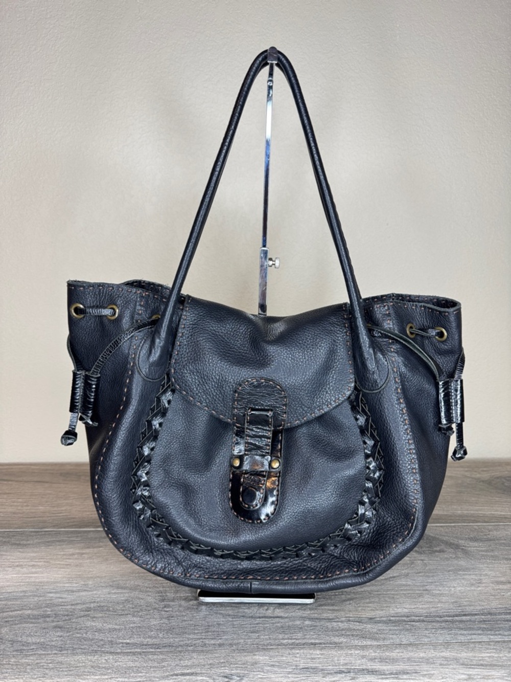 Carla Mancini Boho Black Slouchy Leather Contrast Stitching Side Drawstring Bag